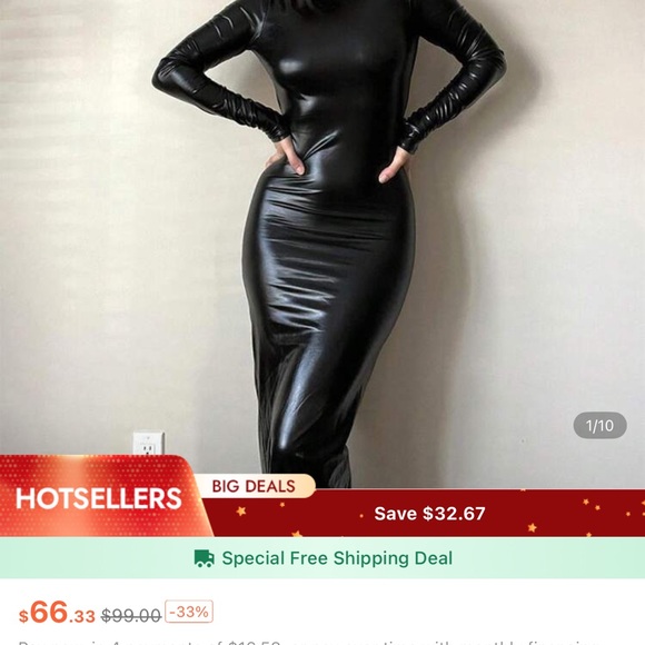 Black Faux Leather Mock Neck Long Sleeve Long Dress with Ruching & Slit - Large - Picture 7 of 7